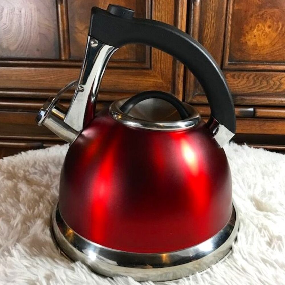 Primula Push and Serve Stainless Steel 3Qt Matte Red Whistling Tea Kettle